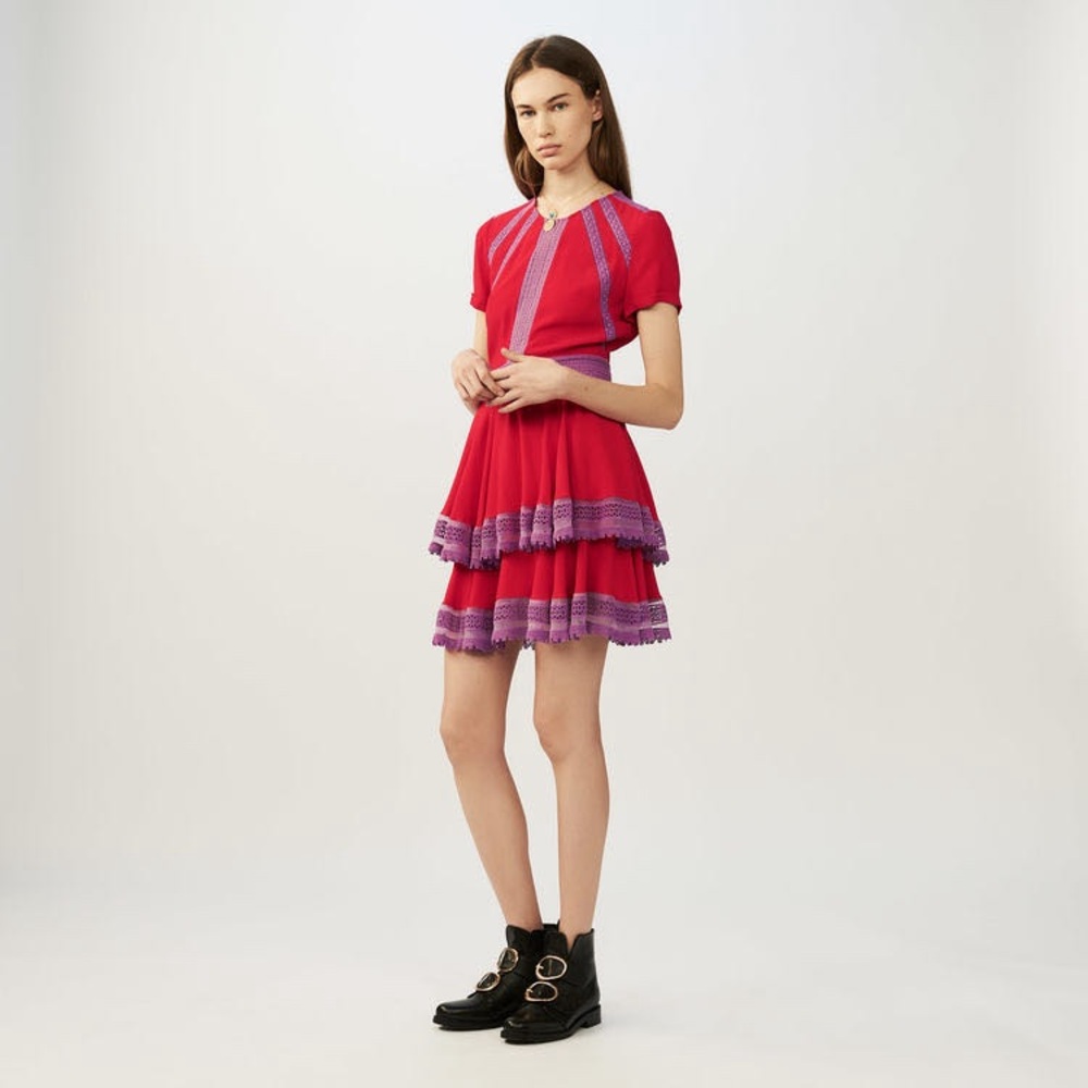 NWT $375 Maje Raglia Red Purple Lace Tiered Dress